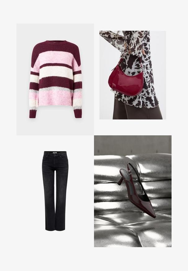 Violetti ja vaaleanpunainen raidoitettu neule pallo-aukolla. Valmistettu pehmeästä, teksturoidusta kankaasta. Sisältää vaakasuoria raitoja eri väreissä.; ONLY Straight fit ONLBLUSH Mid waist - Straight leg -farkut - washed black; Kiiltävä tummanpunainen slingback-korkokengä, jossa on terävä kärki, esillä kiiltävältä hopeanväriseltä, tupsutetulta nahkapinnalta.; Nainen, jolla on mustavalkoinen kuviollinen pusero, pitää kiiltävää punaista olkalaukkua yksiväristä taustaa vasten.