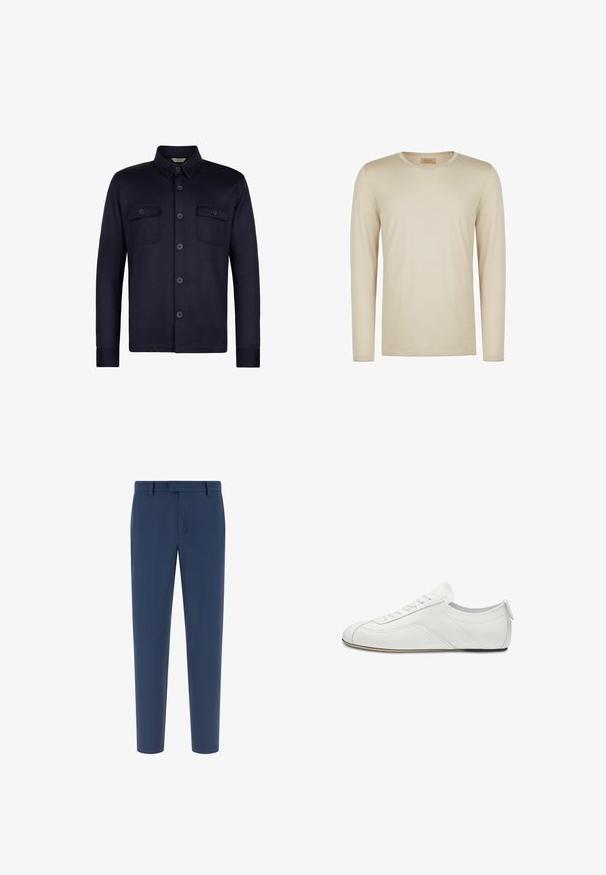 Beige Langarmshirt aus weichem Stoff mit gerippter Textur und rundem Ausschnitt mit kontrastierendem Halsausschnitt. Minimalistisches Design.; Marineblaue Hemdbluse mit langen Ärmeln und zwei Brusttaschen. Hergestellt aus einem glatten Stoff mit einem Kragen und dunklen Knöpfen.; Marineblaue Hose mit glatter Textur, gerade geschnitten, mit Verschluss und Seitentaschen; minimalistisches Design ohne Muster.; Weißer Leder-Sneaker mit niedrigem Schaft, Schnürung vorne, dezenten Nahtdetails und flacher, dünner Sohle, seitlich dargestellt.