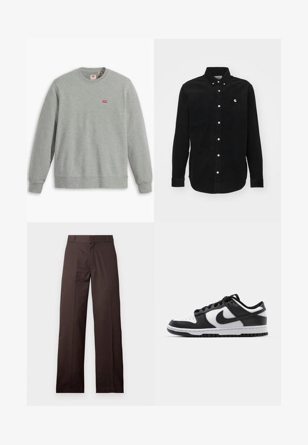 Sweatshirt gris en tissu doux. Présente un col rond et des manches longues. Affiche un petit logo rouge Levi's sur la poitrine.; Chemise en velours côtelé noir avec un col boutonné. Elle présente des boutons blancs et un petit logo sur la poitrine. Manches longues avec des poignets boutonnés.; Pantalon marron droit avec passants de ceinture et fermeture éclair à l'avant, présenté sur un fond clair uni.; Baskets Nike Dunk en noir et blanc avec une tige en cuir, un bout perforé, des lacets noirs et une semelle en caoutchouc noir avec un motif de semelle.
