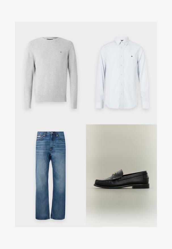 Hellgrauer langärmeliger Rundhalsausschnitt-Pullover mit subtiler strukturierten Musterung und kleinem rot-weiß-blauem Logo auf der linken Brust.; Hellblau gestreiftes Langarmhemd mit Button-Down-Kragen und kleinem Logo auf der Brust; aus Baumwollstoff gefertigt und mit weißen Knöpfen versehen.; Blaue gerade Denim-Jeans mit leichter Ausbleichung, vorderem Knopfverschluss und einem kleinen Logotag auf der rechten Vordertasche.; Schwarzer Leder-Slipper mit niedrigem Absatz, goldener Schnalle und geprägtem Markennamen an der Seite vor neutralem Hintergrund.