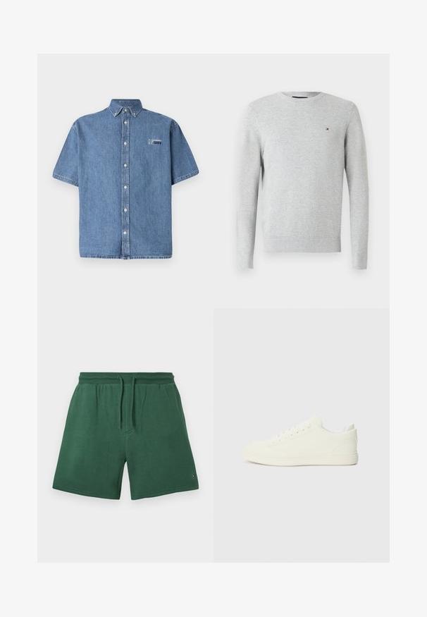 Heledhall halli pika varrukaga crewneck sviiter, millel on peen tekstuuriline muster ja väike punane, valge ja sinine logo vasakul rinnal.; Lühikeste varrukatega helesinine denimipaita. Omab nööpidega kaelust ja ees nööpe. Vasakul rinnal on graafiline logo.; Rohelised puuvillased lühikesed püksid, millel on elastne vöökoht ja nöör. Varustatud küljetaskutega ning alumisel äärel väikese brändilogoga.; Valged tossud, millel on sile tekstuuriga pealne, ümar varvas ja traditsiooniline paeltega kinnitamine, minimalistlik disain ja kummist tallad.