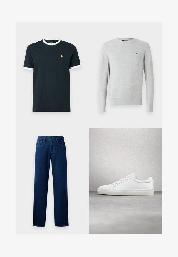 Suéter de manga larga en gris claro con cuello redondo, con un sutil patrón texturizado y un pequeño logo en rojo, blanco y azul en el lado izquierdo del pecho.; Camiseta de algodón azul marino con cuello ribeteado y bordes de las mangas en blanco. Presenta un pequeño logo bordado amarillo a la izquierda del pecho.; Jeans de mezclilla de pierna recta en azul oscuro con botón frontal, cierre de cremallera y diseño de cinco bolsillos, sobre un fondo blanco.; Zapatilla blanca con parte superior de cuero liso y perfil bajo. Presenta una puntera redondeada, seis ojales y una suela de goma texturizada.