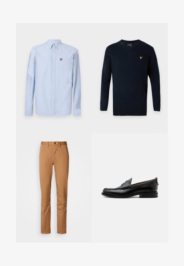 Navy V-Ausschnitt-Pullover aus weichem Material, mit langen Ärmeln und einem kleinen gelben gestickten Logo auf der linken Brustseite.; Hellblaues Langarmhemd mit Button-Down-Kragen, Brusttasche und gesticktem Logo. Hergestellt aus strukturiertem Baumwollstoff.; Slim-Fit Khaki-Hosen mit Knopf- und Reißverschluss, Gürtelschlaufen und seitlichen Taschen vor einem weißen Hintergrund.; Schwarzer Leder-Herrenschuh mit Mokassinnaht, Penny-Riemen, strukturiertem Kragen und niedrigem gestapeltem Absatz auf weißem Hintergrund.