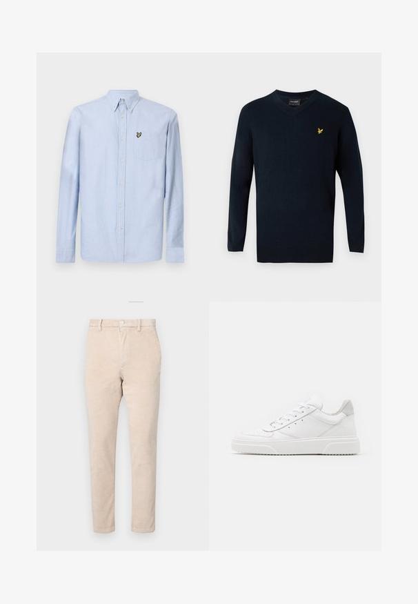 Marineblå v-hals sweater lavet af blødt stof, med lange ærmer og et lille gult broderet logo på venstre brystområde.; Lysblå langærmet skjorte med nedknappet krave, forlommer og broderet logo. Fremstillet af struktureret bomuldsstof.; Beige cowboybukser i klassisk pasform med knaplukning, lynlås og subtil lodret ribstrikket struktur.; Hvide lædersneakers med en glat finish, rund tå, flade snørebånd og en struktureret sål. Grå ruskindsdetalje ved hælen.