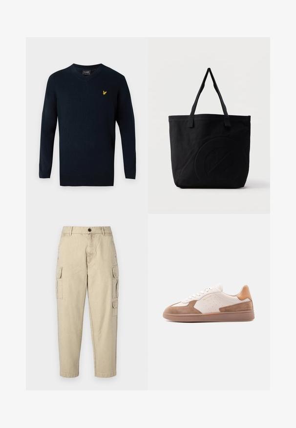 Navy V-Ausschnitt-Pullover aus weichem Material, mit langen Ärmeln und einem kleinen gelben gestickten Logo auf der linken Brustseite.; Beige Cargo-Hosen aus weichem Stoff, mit seitlichen Taschen, einem Knopfverschluss und einer schmal zulaufenden Beinform.; Weißer und beige farbener Sneaker mit niedrigem Schaft, Wildleder-Akzenten, perforierten Seiten, weißen Schnürsenkeln und einer strukturierten Gummisohle, seitlich auf weißem Hintergrund dargestellt.; Schwarze Canvas-Shopper-Tasche mit zwei Schulterriemen und einem dezenten, eingeprägten kreisförmigen Design auf der Vorderseite.