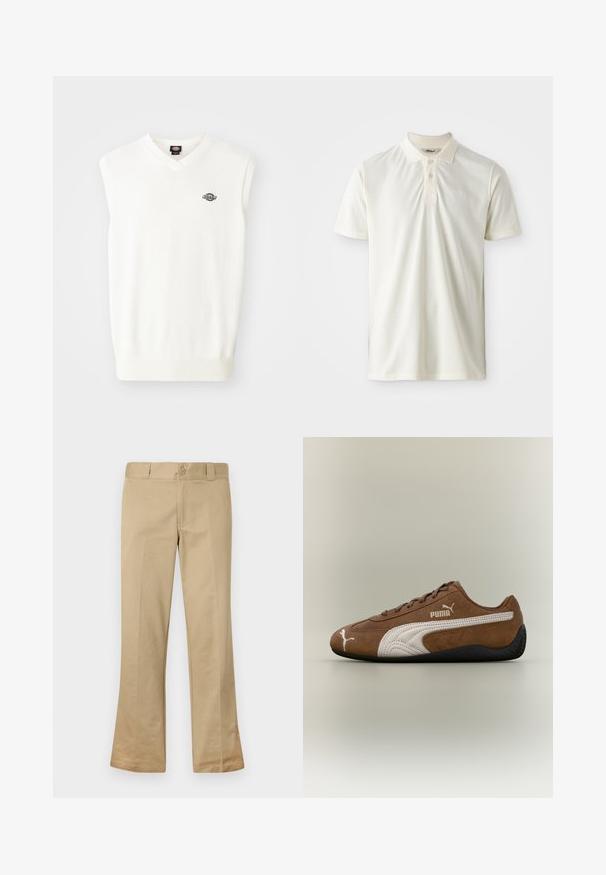 Jersey sin mangas blanco con escote en V, dobladillo acanalado y un pequeño logo negro en el lado izquierdo del pecho, fabricado con un material de punto suave.; Polo de color beige claro, hecho de tela suave, con un collar, una tapeta de tres botones y un sutil bordado de logo en el pecho.; Pantalones acampanados beige fabricados con una mezcla de algodón, que cuentan con un cierre de botón, pasadores para cinturón y un frente plano con textura suave.; Zapatilla de ante marrón con detalles en blanco y diseño texturizado. Cuenta con una suela de goma negra y un prominente logo de Puma en el lateral.