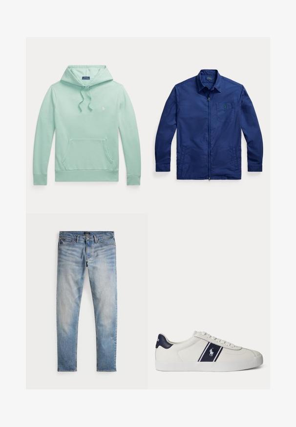 Lysegrøn hættetrøje med lange ærmer, snørejusteret hætte, forlommekængurulomme og lille broderet Polo Ralph Lauren-logo på brystet.; Marineblå zip-up jakke lavet af bomuld med krave, to sidelommer og et lille grønt logo på brystlommen. Glat tekstur.; Lys blå denimjeans med en falmet finish, fem-lomme design og kontraststing. Har lynlås og bæltesløjfer. Lige pasform.; Hvid lav sneakers med mørkeblå stribe og logo på siden samt mørkeblå hælkappe, flad hvid sål og hvide snørebånd.