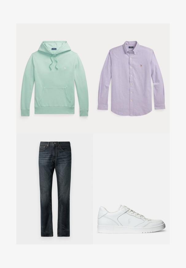 Svetlozelená mikina s dlhým rukávom, kapucňou so šnúrkou, predným klokankovým vreckom a malým vyšívaným logom Polo Ralph Lauren na hrudi.; Svetlofialová košeľa s dlhým rukávom, zapínaním na gombíky, golierom na gombíky a malým vyšitým logom na ľavej prsnej strane.; Tmavomodré džínsy s rovnými nohavicami, s klasickým dizajnom piatich vreciek a medenými švami.; Biele kožené tenisky s hladkým povrchom, obsahujúce perforovanú špičku, šnúrkové uzatvorenie a vyšívané logo na boku. Biela gumová podrážka.