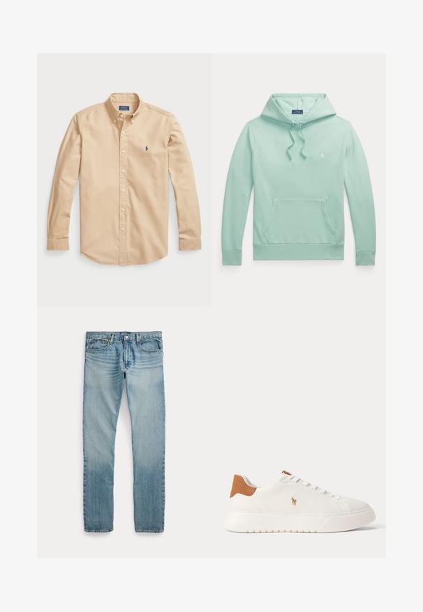Lysegrøn hættetrøje med lange ærmer, snørejusteret hætte, forlommekængurulomme og lille broderet Polo Ralph Lauren-logo på brystet.; Lys beige skjorte med knapper i bomuld, med klassisk krave, lange ærmer, hvide knapper og et lille blåt logo på brystet.; Lyseblå straight-leg denimbukser med fem lommer, knaplukning og subtile falmede detaljer omkring lår og knæ.; Hvid lavtop sneaker med tan hælfane, hvide snørebånd og lille broderet polo-spiller logo på siden over en tyk sål.