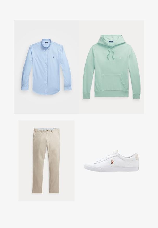 Lichtgroene hoodie met lange mouwen, trekkoorden in de capuchon, voorzak kangaroostijl en klein geborduurd Polo Ralph Lauren-logo op de borst.; Lichtblauw overhemd met lange mouwen, gemaakt van katoen, met een puntige kraag en een geborduurd logo op de linkerborst. Vlakke voorkant ontwerp.; Beige katoenen broek met rechte pijpen, voorzakken, riemlussen, knoopsluiting en ritssluiting, plat liggend op een witte achtergrond.; Witte canvas sneakers met een laag ontwerp, featuring een beige hieltab en een klein geborduurd logo aan de zijkant. Rubber zool.
