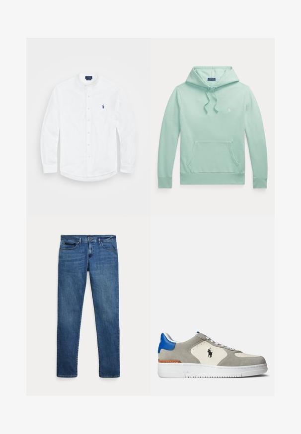 Heleheleroheline kapuutsiga pikemate varrukatega dressipluus, ees kitsas kängurumaterjalist tasku ja väike tikitud Polo Ralph Laureni logo rinnal.; Valge pikaaelne särk bändi kaelusega, nuppe ees ja sinise logoga vasakul küljel. Valmistatud siledast puuvillakangast.; Sinised teksapüksid kitsas lõikes, esitaskutega, vööaugudega ja nööpidega sulgemiseks, valgel taustal.; Hallide nubuk ja valge nahk sneaker siniste aktsentidega, millel on logo, valged paelad ja tekstureeritud kummitald.