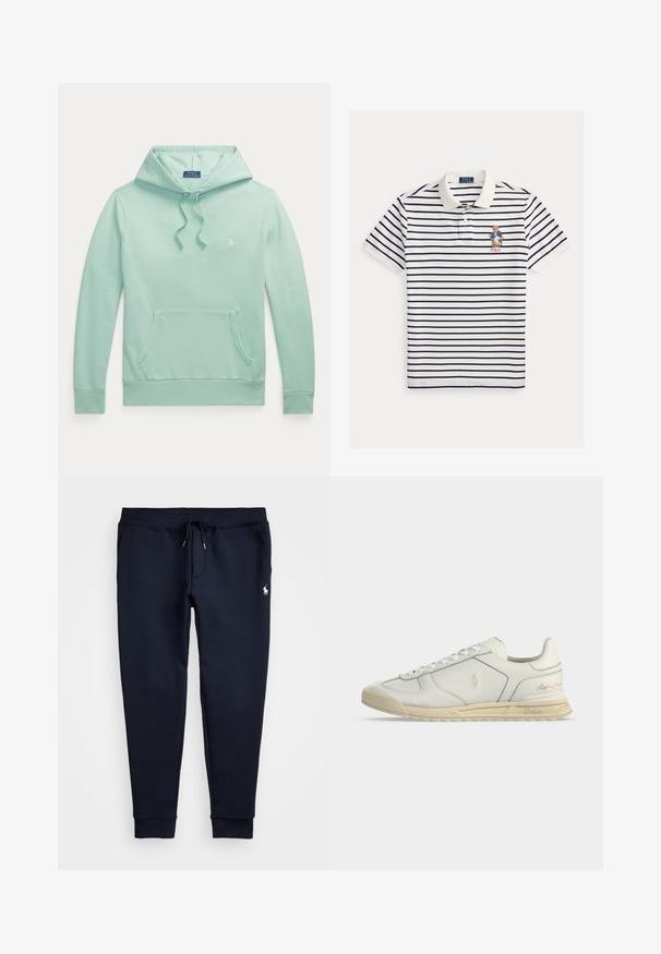 Heleheleroheline kapuutsiga pikemate varrukatega dressipluus, ees kitsas kängurumaterjalist tasku ja väike tikitud Polo Ralph Laureni logo rinnal.; Valge polo-särk meresiniste horisontaalsete triipudega, vasakul rinnal tikitud bleiserit kandev karu ja selle all tekst „POLO“.; Tumesinised spordipüksid nööriga vöökoha, elastsete sääreotste ja väikese valge logo detailiga vasakul reiel. Pehme kangatekstuur.; Valged madala säärega nahast tossud beežide tallaga, eespaelaga ja Polo Ralph Laureni logodega külgedel ja kandadel.