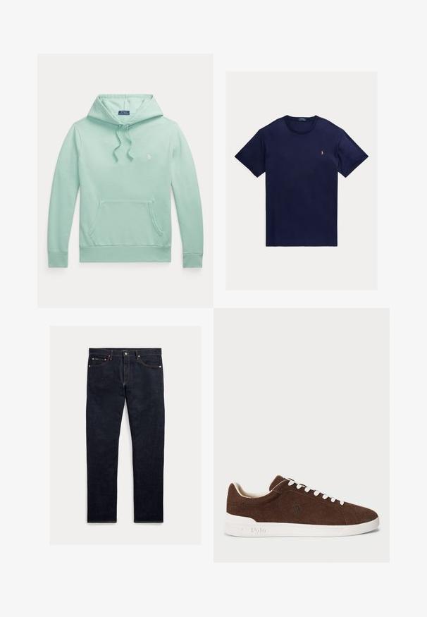 Vaaleanvihreä pitkähiha-huppari, jossa nyörisäädettävä huppu, etutasku ja pieni kirjailtu Polo Ralph Laurenin logo rinnassa.; Laivastonsininen lyhythihainen pyöreäkauluksinen T-paita, jossa pieni keltainen ja punainen kirjailtu Polo Ralph Lauren -logo rinnassa.; Tummansiniset farkut, joissa on suora leikkaus, viisi taskua, oranssit saumat ja napillinen vetoketjusulku. Kangas on sileäpintainen.; Ruskea mokkanahka matalavartinen lenkkitossu, jossa on valkoinen kumipohja, valkoiset nauhat ja brodeeraattu Polo-logo sivussa.