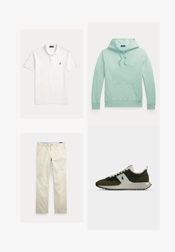 Svetlozelená mikina s dlhým rukávom, kapucňou so šnúrkou, predným klokankovým vreckom a malým vyšívaným logom Polo Ralph Lauren na hrudi.; Biela krátky rukáv Polo Ralph Lauren košeľa s golierom, zapínaním na dva gombíky a malým tmavomodrým vyšívaným logom koňa na ľavej strane hrudníka.; Béžové bavlnené nohavice s rovnými nohavicami, opaskové pútká, predné zapínanie na gombík, zips a bočné vrecká.; Nízke tenisky s olivovo zelenými, čiernymi a bielymi panelmi, biele šnúrky a logo na boku, zobrazené z vonkajšej strany.