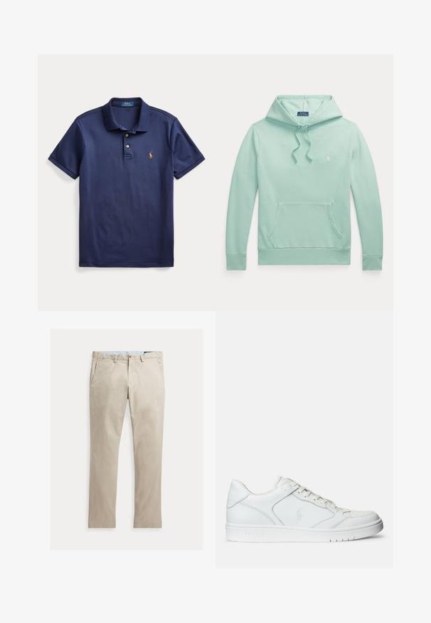 Hellgrüner Hoodie mit langen Ärmeln, Kordelzug an der Kapuze, Kängurutasche vorne und kleinem, besticktem Polo Ralph Lauren-Logo auf der Brust.; Marineblaues Polohemd mit kurzen Ärmeln, zwei Knöpfen und kleinem besticktem Logo auf der linken Brust.; Beige Baumwollhose mit geradem Bein, Fronttaschen, Gürtelschlaufen, Knopfverschluss und Reißverschluss, flach auf weißem Hintergrund dargestellt.; Weißer Ledersneaker mit glatter Textur, ausgestattet mit einer perforierten Zehenpartie, Schnürverschluss und gesticktem Logo an der Seite. Weiße Gummisohle.