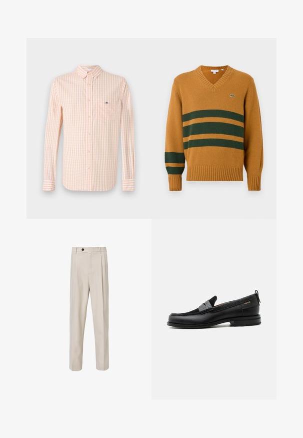Mosterdgele V-hals trui met donkergroene horizontale lijnen over de borst en op de linkermouw, voorzien van een klein krokodillenlogo op de borst.; Lichtoranje en witte geruite stoffen shirt met lange mouwen, button-down kraag en borstzak. Bevat een subtiele logo op de zak.; Beige op maat gemaakte broek met een recht model, voorzien van voorplooien, een knoopsluiting en een gladde stofstructuur.; Zwarte leren loafer met grijs riemdetailelement, lage hak en gestructureerde zool, aan de zijkant gebrandmerkt met "HUGO" in goud.
