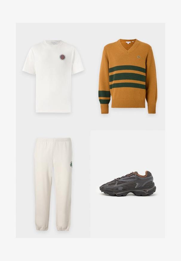 Suéter de pico color mostaza con rayas horizontales verde oscuro en el pecho y en la manga izquierda, que presenta un pequeño logo de cocodrilo en el pecho.; Camiseta de algodón blanca con mangas cortas, que presenta un logo circular en azul y naranja de "Tennis Heritage" en el lado izquierdo del pecho.; Pantalones de chándal de color beige claro, hechos de algodón, con una cinturilla elástica, puños acanalados y un logo verde con diseño de hoja en la pierna izquierda.; Zapatillas Lacoste en gris oscuro con material de malla y sintético, que cuentan con una suela texturizada y detalles en marrón en el cuello y la marca.