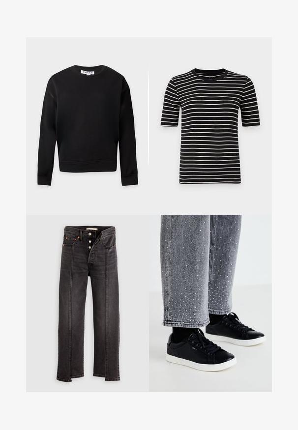 Zwarte lange mouwen sweater met ronde hals, met geribbelde manchetten en zoom, afgebeeld tegen een effen lichte achtergrond.; Zwart-wit gestreept t-shirt, korte mouwen, ronde hals, gemaakt van zachte katoenbrei, met gelijkmatige strepen en een standaard pasvorm.; Zwarte, hoge taille, rechtvallende spijkerbroek met knoopsluiting, voorzakken en zichtbare verticale naaddetails langs elke pijp.; Zwarte leren sneakers met witte rubberen zolen en textuuraccenten. Gecombineerd met grijze denim spijkerbroeken versierd met geborduurde zilveren stippen.