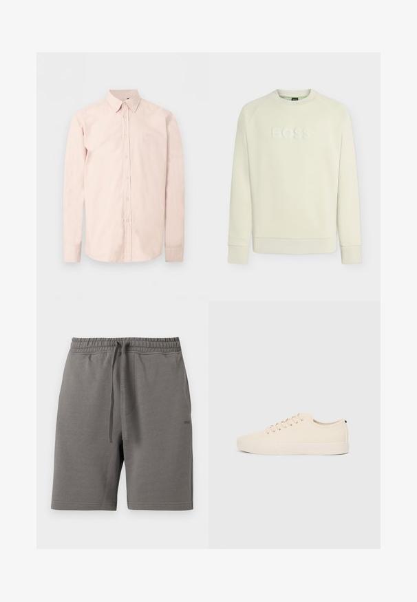 Sweat-shirt beige clair à col rond, manches longues avec poignets côtelés, featuring logo embossé "BOSS" sur la poitrine.; Chemise rose clair à manches longues avec boutons, col pointu, logo discret sur la poitrine et poignets boutonnés sur un fond blanc uni.; Shorts à taille élastique grise avec cordon de serrage, poches latérales et logo discret "HUGO" sur la cuisse droite.; Baskets en toile beige avec bout arrondi, semelle en caoutchouc plate et lacets à l'avant. Présente un design minimaliste et un accent noir contrastant au niveau du talon.