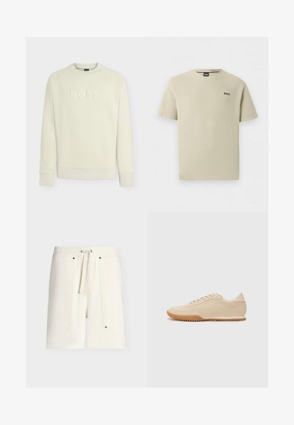 Sweat-shirt beige clair à col rond, manches longues avec poignets côtelés, featuring logo embossé "BOSS" sur la poitrine.; T-shirt beige texturé à manches courtes et col rond avec le logo "BOSS" sur la poitrine gauche.; Shorts taille élastique de couleur blanc cassé avec cordon à l'avant et grandes poches plaquées maintenues par de petites rivets métalliques.; Baskets en daim beige au design épuré, présentant une tige texturée, un bout rond et une semelle en caoutchouc avec un motif en zigzag.
