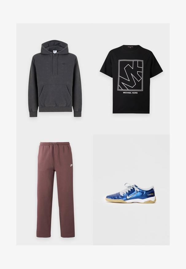 Σκούρα γκρι φούτερ Nike με κουκούλα και τσέπη καγκουρό μπροστά, ρυθμιζόμενη κουκούλα με κορδόνι, μανσέτες με ρίγες και διακριτικό κεντητό λογότυπο στο αριστερό στήθος.; Μαύρο βαμβακερό T-shirt με ένα γεωμετρικό λευκό λογότυπο και το όνομα της μάρκας "MICHAEL KORS" τυπωμένο από κάτω μέσα σε ορθογώνιο πλαίσιο.; Καφέ φόρμα Nike με ελαστική μέση και κορδόνι, με μικρό λευκό λογότυπο Nike στο αριστερό μηρό.; Μπλε συνθετικό ποδοσφαιρικό παπούτσι με υφή στο πάνω μέρος, λευκές λεπτομέρειες, γκρι κορδόνια και σόλα από καουτσούκ γκρι. Διαθέτει το λογότυπο "total90" στη φτέρνα.
