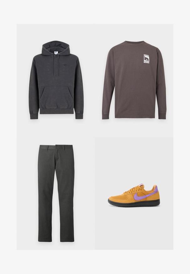 Mørkegrå Nike-hoodie med fremadvendt kængurulomme, snøre i hætten, ribkanten manchetter og diskret broderet logo på venstre bryst.; Mørkegrå langærmet rundhalset skjorte med hvid "OBEY RECORDS"-logo og stiliseret ansigtsgrafik på venstre bryst.; Mørkegrå denimbukser med lige ben, der har lukning med knapper, bæltestropper og en subtil tekstur. Ingen synlige mønstre eller detaljer.; Orange ruskinds sneakers med lilla accenter, med snørebånd, rund tå og struktureret sort gummisål.