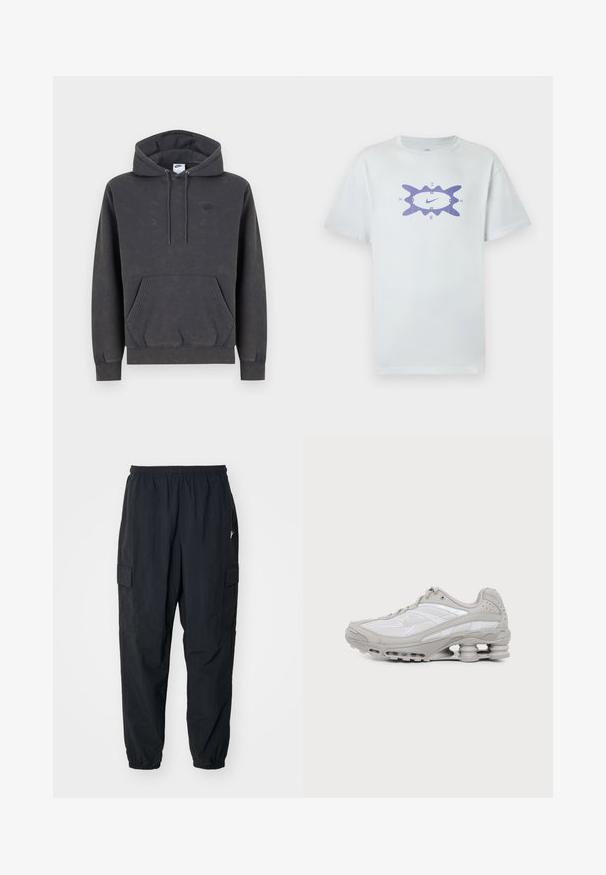 Dunkelgrauer Nike-Hoodie mit Kängurutasche vorne, Kapuze mit Kordelzug, gerippten Bündchen und dezentem, gesticktem Logo auf der linken Brust.; Weißes Baumwoll-T-Shirt mit lockerem Schnitt, in der Mitte mit einem lila Grafikdesign versehen, umgeben von einer wellenförmigen Umrandung. Kurze Ärmel.; Schwarze Cargo-Hosen aus leichtem Material mit einem elastischen Bund, Seitentaschen und einer lockeren Passform mit elastischen Bündchen.; Grauer und weißer Sportschuh mit sichtbarer Luftpolstersohle und Mesh-Einsätzen, im Profil auf einfachem hellem Hintergrund gezeigt.
