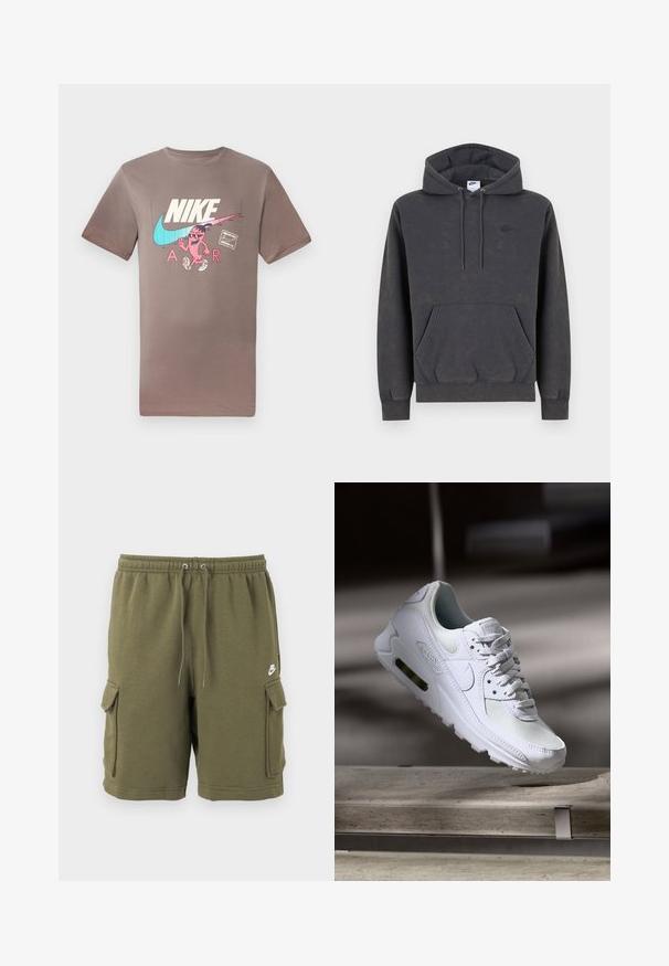 Dunkelgrauer Nike-Hoodie mit Kängurutasche vorne, Kapuze mit Kordelzug, gerippten Bündchen und dezentem, gesticktem Logo auf der linken Brust.; Braunes Baumwoll-T-Shirt mit einem bunten Grafikdesign eines Charakters mit Sonnenbrille, neben den Nike- und Air-Logos in kontrastierenden Farben.; Olivgrüne Nike Cargo-Shorts mit elastischem Bund, verstellbarem Kordelzug, seitlichen Klappentaschen und kleinem weißem Nike-Logo am linken Oberschenkel.; Weiße Nike Air Max 90 Sneaker mit einem Obermaterial aus Mesh und Leder, durchlässigem Zehenbereich und einer sichtbaren Air-Einheit in der Ferse.