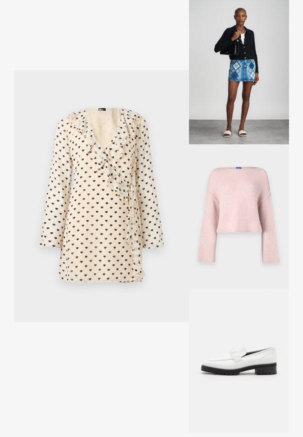 Pull en tricot rose avec un large col bateau, manches longues et coupe courte. Présente une texture douce et une petite étiquette au niveau du col.; Robe portefeuille crème à manches longues, motif de cœurs noirs, encolure à volants et détail de lien sur le côté.; Elleme CHOUCHOU SQUARE LOAFER - Chaussons - white; Un cardigan en maille noir, un haut blanc, une jupe en denim avec un motif de diamants bleus et noirs, un sac à main noir et des sandales à enfiler beiges.