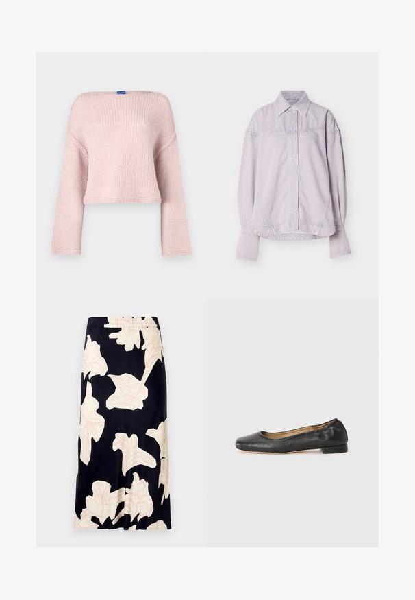 Pull en tricot rose avec un large col bateau, manches longues et coupe courte. Présente une texture douce et une petite étiquette au niveau du col.; Chemise à manches longues de couleur violet clair, avec col pointu et coutures apparentes sur le devant et les manches.; Jupe midi florale en tissu noir, ornée de grands motifs floraux rose pâle, avec une taille élastique et une texture lisse et fluide.; Ballerines en cuir noir avec un bout arrondi et des coutures minimales. Talon bas et rectangulaire avec une texture lisse. Détails subtils de doublure intérieure.