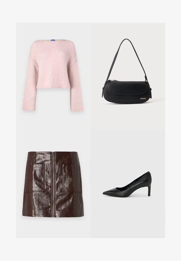 Pull en tricot rose avec un large col bateau, manches longues et coupe courte. Présente une texture douce et une petite étiquette au niveau du col.; Mini-jupe en simili cuir marron avec une fermeture éclair à l'avant, deux grandes poches avant et une texture lisse et brillante.; Escarpin à bout pointu en cuir noir avec un talon fin de hauteur moyenne sur un fond gris clair uni.; Sac à épaule en cuir noir avec rabat incurvé, logo doré "HUGO" sur le devant, et une bandoulière réglable.