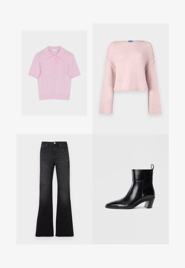 Pull en tricot rose avec un large col bateau, manches longues et coupe courte. Présente une texture douce et une petite étiquette au niveau du col.; Polo en maille rose clair à manches courtes, col côtelé, patte de boutonnage avec cinq boutons, et ourlet côtelé.; Jean flare noir en tissu denim, avec une taille haute, un design cinq poches, et une légère décoloration vers l'ourlet des jambes.; Bottine en cuir noir avec un bout pointu, un talon empilé géométrique et une languette à l'arrière. Texture lisse et design épuré.