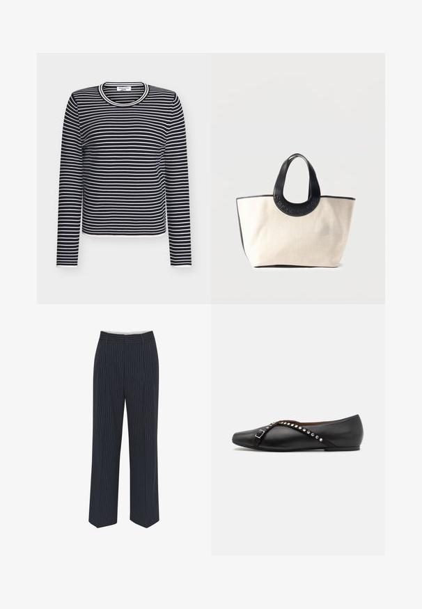 Top à manches longues à rayures bleu marine et blanches, avec un col rond et une coupe ajustée. Confectionné en tissu doux et extensible avec une texture lisse.; Pantalons bleu marine avec des rayures verticales blanches, design à jambes larges, tissu lisse, passants de ceinture et pli sur le devant pour un look ajusté.; Chaussure plate en cuir noir à bout pointu, ornée d'une sangle décorative avec des clous en argent et un détail de boucle. Texture lisse, design minimaliste.; Sac fourre-tout en toile beige avec garniture en cuir noir et poignées arrondies embossées du logo « SAMSOE SAMSOE ».