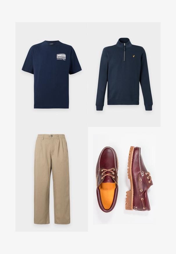 Sudadera azul marino de manga larga con cremallera de cuarto y pequeño logo de pájaro amarillo en el pecho izquierdo, puños y dobladillo acanalados.; Camiseta de algodón navy con cuello redondo. En la parte frontal presenta un gráfico blanco con el texto "Giochi Invernali" en un diseño rectangular. Manga corta.; Pantalones de tiro alto beige con pliegues, presillas para el cinturón, cierre de botón y piernas rectas sobre un fondo blanco.; Zapatos de cuero burdeos con suelas de goma marrón, puntera redonda, costuras blancas y ojales dorados. El interior cuenta con un forro amarillo.
