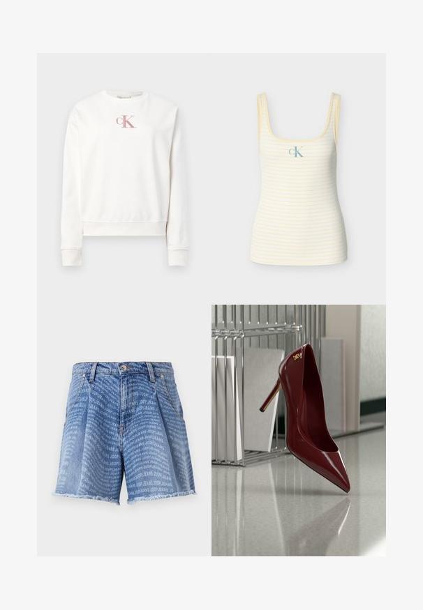 Hvid bomulds-sweatshirt med rund hals og lange ærmer. Har en lyserød broderet "ck"-logo på brystet og ribstrikkede manchetter.; Stribet gul tanktop med firkantet halsudskæring, ribbet tekstur og en lille blå "cK" logo foran. Fremstillet af blødt materiale.; Lysblå denimshorts med en falmet vask, der har et gentaget "JOOP! JEANS" print over det hele. Den frynsede kant tilføjer tekstur.; Skinnende mørkerød højhælet sko med spids snude, stående på en reflekterende grå gulv nær en metalfilarrangør.