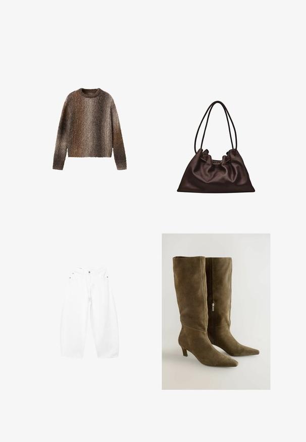 Langærmet, blød trøje med et gradientmønster, der blander brune, grå og beige farver, med rund halsudskæring og en blød tekstur.; Hvide, brede bomuldsjeans med knap- og lynlåslukning foran, bæltestropper og femlomme-design.; Støvler i olivengrøn ruskind til knæene med spids tå og en slank hæl. Har en lynlås i siden til lukning. Glat tekstur.; Blød mørkebrun læderhåndtaske med en slasket form og to tynde skulderstropper mod en hvid baggrund.