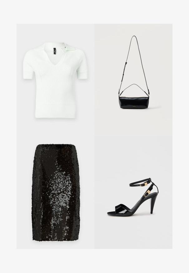 Polo en maille côtelée blanche avec col en V et manches courtes, présentant un tissu texturé et un léger éclat.; Jupe crayon en sequins noirs avec un design ajusté. Présente des sequins denses et réfléchissants créant une surface texturée. Doublure intérieure lisse.; Sandale à talon haut en cuir verni noir avec double bride de cheville et boucles dorées, bout ouvert, et talon effilé sur fond neutre.; Sac bandoulière rectangulaire en cuir noir avec bandoulière ajustable, fermeture éclair sur le dessus et petit logo Calvin Klein doré sur le devant.