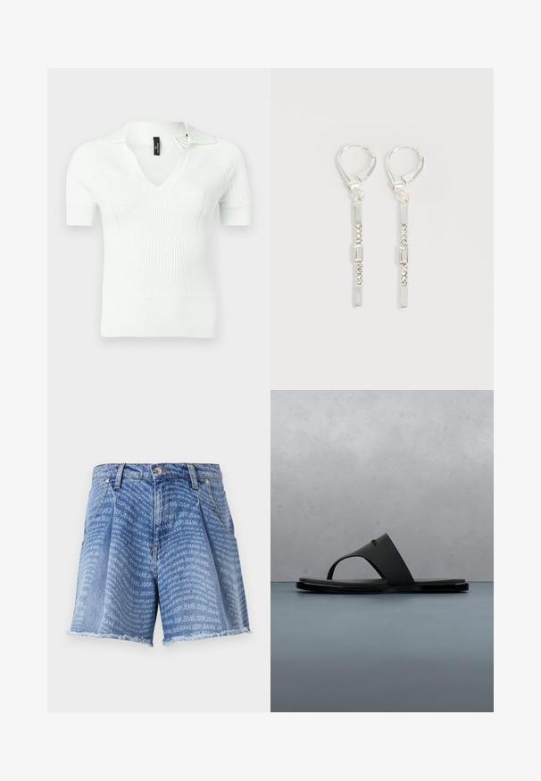 Hvid ribstrikket polotrøje med V-hals og korte ærmer, der har tekstureret stof og en subtil glans.; Lysblå denimshorts med en falmet vask, der har et gentaget "JOOP! JEANS" print over det hele. Den frynsede kant tilføjer tekstur.; Sort Calvin Klein thong-sandal, der svæver over trælameller med små sten udendørs, med sløret grønt løv og betonmur i baggrunden.; Sølv hængende øreringe med rektangulære og runde klare krystaller i en lodret linje, fastgjort med låsebeslag.