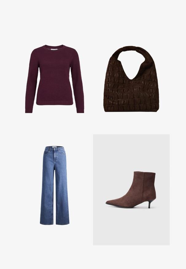 Bordeaux pullover sweater med et struktureret, honningkagesmønster, rund hals, lange ærmer og ribbede manchetter og kant.; Lyseblå denim brede bukser med høj talje, to frontlommer og synlige stikninger. Har en knap- og lynlåslukning.; Brune ankelstøvler i ruskind med spids tå og en slank, sort hæl. Har en glat tekstur og et enkelt design.; Mørkebrun læder hobo taske med præget krokodillemønster og bredt, rundet håndtag, enkel og blød slouchy design.