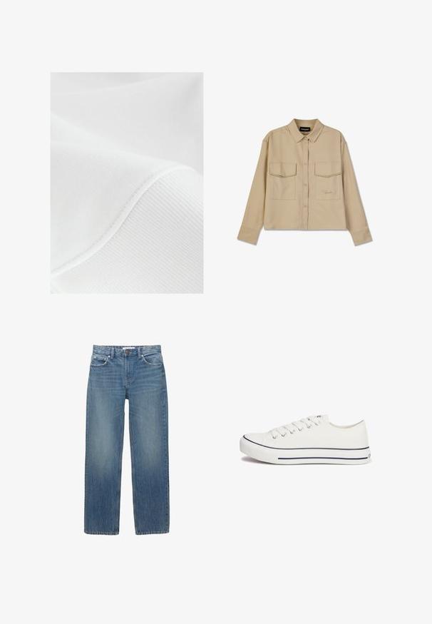 Tissu blanc avec une texture lisse et côtelée, présentant des coutures subtiles et des courbes, illustrant un textile doux et léger.; Chemise beige à manches longues en tissu doux, dotée d'une fermeture à boutons, de deux poches poitrine et d'un ourlet droit. Broderie discrète du logo à l'avant.; Jeans en denim bleu clair à coupe droite, avec cinq poches et des éléments en métal de couleur cuivrée. Le tissu présente une légère décoloration et une texture douce.; Baskets en toile blanches avec un bout arrondi, un laçage à l'avant et une bordure rayée bleue autour de la semelle. Design minimaliste avec un profil bas.