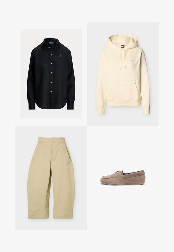 Crèmewitte hoodie met voorzak, verstelbare capuchon met trekkoord en klein Tommy Jeans-logo op de borst.; Zwart overhemd met lange mouwen, knopen, kraag, witte knopen en klein wit geborduurd Polo Ralph Lauren-logo op de linkerborst.; Beige broek met hoge taille, wijde pijpen en cropped lengte, voorzien van riemlussen, zijzakken en zichtbare naden bij de zoom.; Beige suède loafer met ronde neus, veterdetail bovenop en subtiele stiksels langs de zijkanten en hak, weergegeven in zijaanzicht.