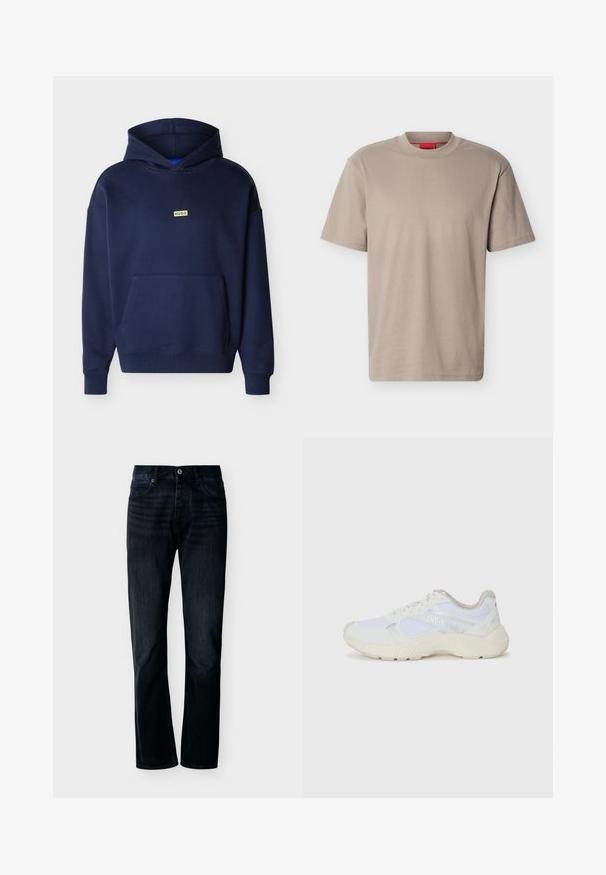 Sweat à capuche bleu marine avec poche kangourou à l'avant et petit logo rectangulaire jaune "HUGO" sur la poitrine.; T-shirt beige à manches courtes et col rond avec un logo "HUGO" subtilement embossé sur la poitrine et une étiquette rouge à l'intérieur de l'encolure.; Jean droit couleur indigo foncé avec fermeture avant à boutons et zip, passants pour ceinture et design à cinq poches, présenté sur un fond clair uni.; Baskets de sport blanches en mesh et en daim, avec une semelle intermédiaire texturée, des accents texturés et le logo "HUGO" sur le côté.