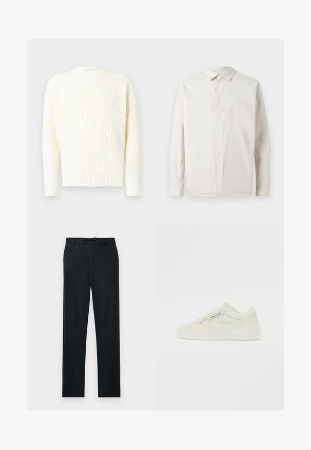 Wafelgebreide trui in off-white met een ronde hals, geribbelde manchetten en zoom. Zachte textuur, casual pasvorm, lange mouwen.; Samsøe Samsøe SADAMON - Overhemd - off white; Zwarte broek van een lichtgewicht materiaal, met een rechte snit, verstelbare trekkoord taille en twee zijzakken.; Sneaker met een crème suede bovenkant, gestructureerde accenten en een witte rubberen zool. Heeft een ronde neus en platte veters. Merkenlabel zichtbaar aan de zijkant.