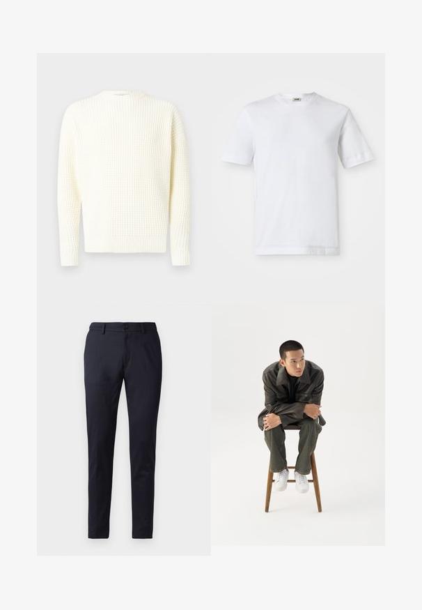 Jersey de punto waffle en color blanco roto con cuello redondo, puños y dobladillo acanalados. Textura suave, ajuste casual, mangas largas.; Camiseta de algodón blanca con mangas cortas, escote redondo y una textura suave. No se observan patrones ni detalles.; Pantalones marinos de tela suave, con un corte ajustado, lazos para cinturón y un cierre de botón único. Piernas rectas con pliegues sutiles.; Joven con chaqueta de cuero oscura y vaqueros sentado en un taburete de madera, inclinado hacia adelante con los brazos cruzados, mirando hacia un lado contra un fondo blanco.