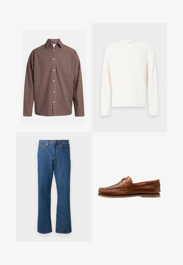 Hvid kabelstrikket sweater med en rund halsudskæring, ribbede manchetter og høj kant. Teksturen indeholder flettede og snoede mønstre gennem hele sweateren.; Brunternetternet knap-up skjorte med lange ærmer, med en brystlomme og hvide knapper på et struktureret stof.; Blå straight-leg denim jeans med frontknap og lynlås, fem lommer og orange syninger på en ensfarvet baggrund.; Brune læder bådsko med syede detaljer, der har metaløjer, en forhøjet søm på tåen og en flad gummisål.