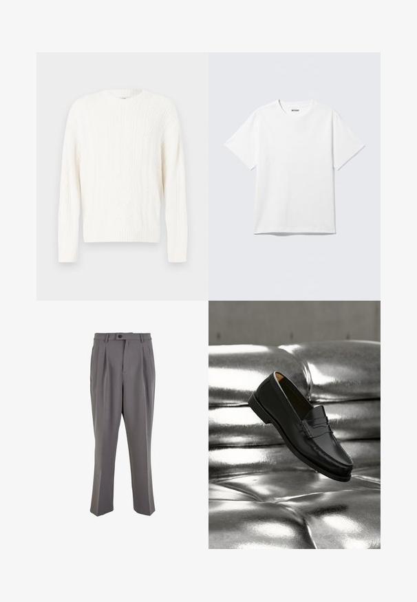 Pull blanc en maille torsadée avec un col rond, des poignets et un ourlet côtelés. La texture présente des motifs tressés et enroulés.; T-shirt blanc à manches courtes et col rond, étalé à plat, design uni, avec l'étiquette "WEEKDAY" à l'intérieur du col sur un fond clair.; Pantalons plissés gris en tissu lisse, avec une coupe droite, une fermeture à un bouton et des passants de ceinture. Design minimaliste.; Mocassin en cuir noir flottant au-dessus d'un canapé en cuir argenté brillant matelassé à boutons dans un décor minimaliste.