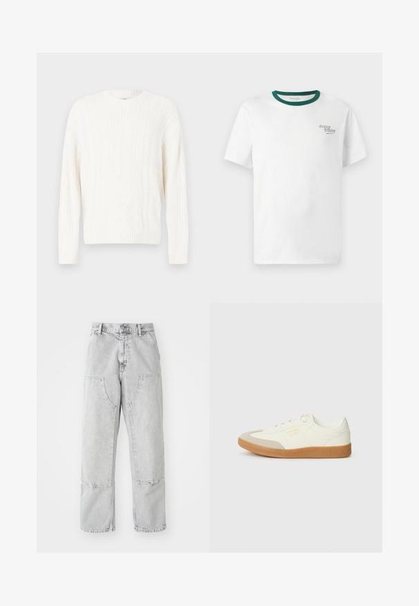 Hvid kabelstrikket sweater med en rund halsudskæring, ribbede manchetter og høj kant. Teksturen indeholder flettede og snoede mønstre gennem hele sweateren.; Hvid bomulds t-shirt med en rund grøn krave, prydet med et lille "Cowboy Country" logo i grøn broderi på venstre bryst.; Lys grå denim bukser med en løs pasform, der har store sidelommer, synlige sømme og et lige ben design. Bæltestropper i taljen.; Sneaker lavet af hvid læder med en beige tåhætte og let brunt gummisål. Har flade hvide snørebånd og prægede branding på siden.