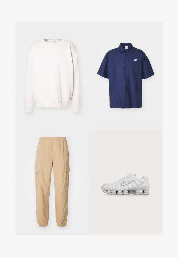 Hvid crewneck sweatshirt lavet af blødt stof, med et lille lyseblåt Nike-logo på brystet, samt ribbede manchetter og kant.; Marineblå skjorte med korte ærmer, knaplukning og en krøllet tekstur samt et hvidt Nike-logo på venstre bryst. Har en standard krave og sorte knapper.; Beige cargo bukser lavet af letvægtsstof, med elastisk talje, to sidelommer og elastiske manchetter ved anklerne.; Hvid Nike løbesko med synlig luftstøbt sål og sølv swoosh-logo på siden, vist fra ydersiden.