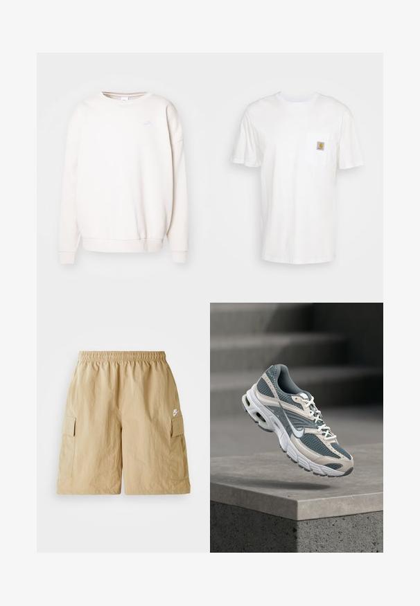 Sudadera blanca de cuello redondo, hecha de tela suave, con un pequeño logo de Nike en azul claro en el pecho, y puños y dobladillo acanalados.; Camiseta de algodón blanca con mangas cortas, un bolsillo en el pecho y un pequeño parche cuadrado de logo en naranja y blanco en el bolsillo.; Pantalones cortos de cargo beige con cintura elástica, bolsillos delanteros y un pequeño logo de Nike en blanco. Tejido ligero con una textura arrugada.; Zapatilla de running Nike gris y blanca con parte superior de malla y suela acolchada flotando sobre un saliente de hormigón contra un fondo gris desenfocado.