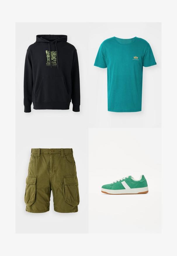 Sudadera negra de mezcla de algodón, con un bolsillo frontal, cordones y un destacado gráfico verde en el pecho que dice "CLUB DE REMO MAN STASH."; Alpha Industries Camiseta básica - force green; Pantalones cortos cargo color verde oliva, confeccionados en una mezcla de algodón. Cuentan con dos grandes bolsillos laterales y un cierre de botón con trabillas para cinturón. Textura suave.; Zapatillas de textil verdes con detalles en blanco, punta redonda, diseño con cordones y suela de goma. Presentan costuras decorativas y una textura suave.